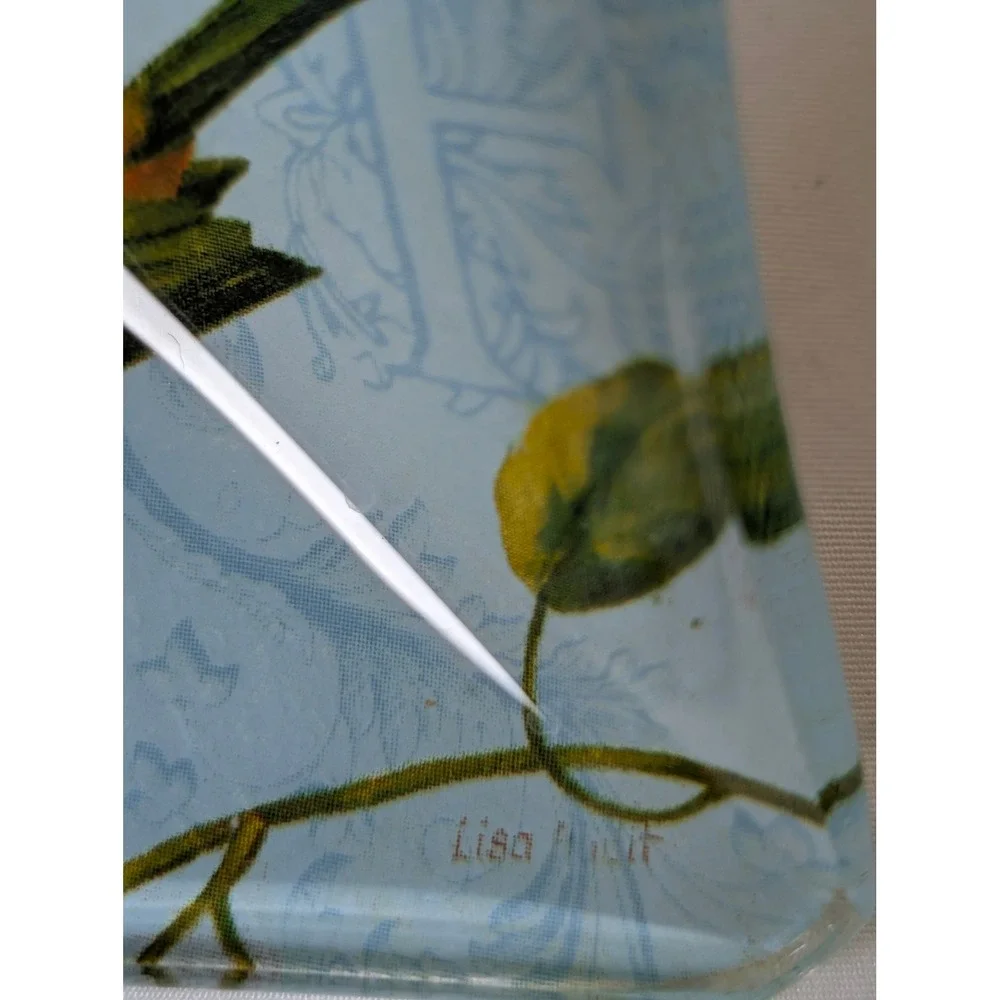 Set of 3 Lisa Audit Glass Trinket Dishes Floral Bird Butterfly Square Blue